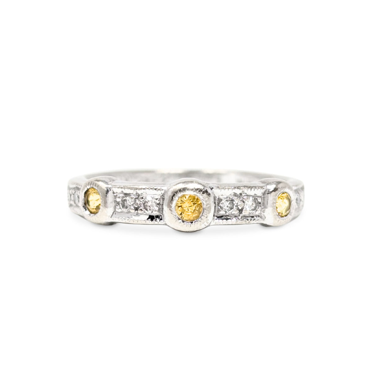 18K White Gold, Yellow Topaz & Diamond Band - Size 6.5