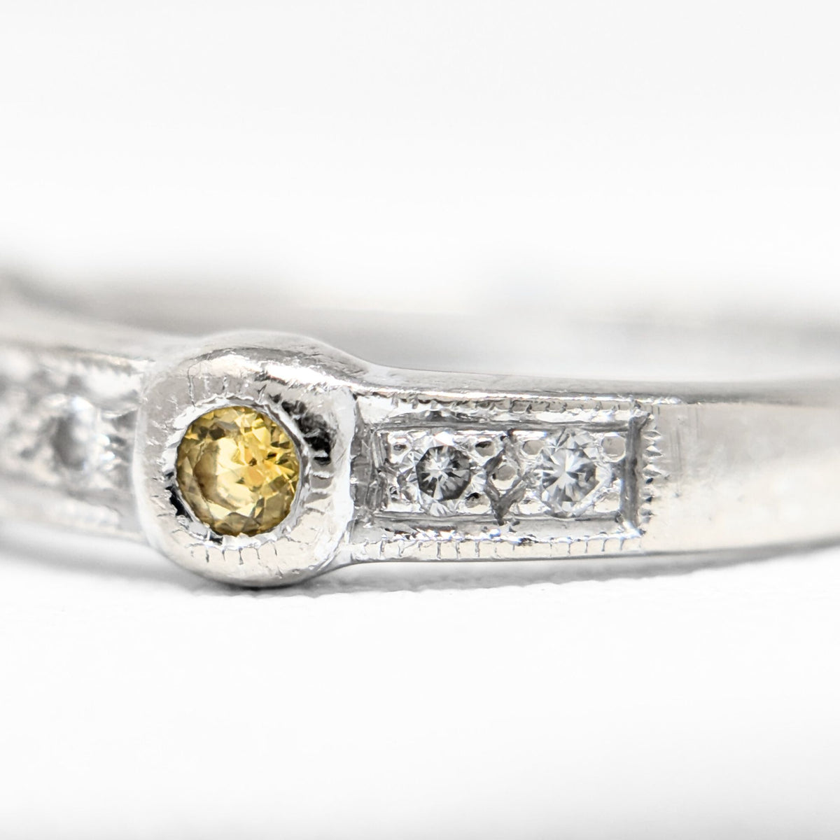 18K White Gold, Yellow Topaz & Diamond Band - Size 6.5