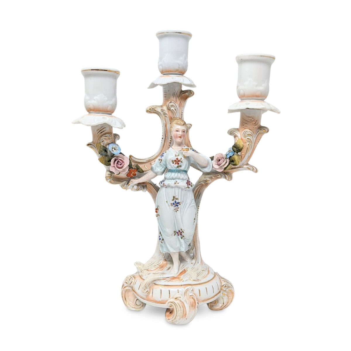 Dresden Style Porcelain Figural Three-Branch Candelabras (Pair)