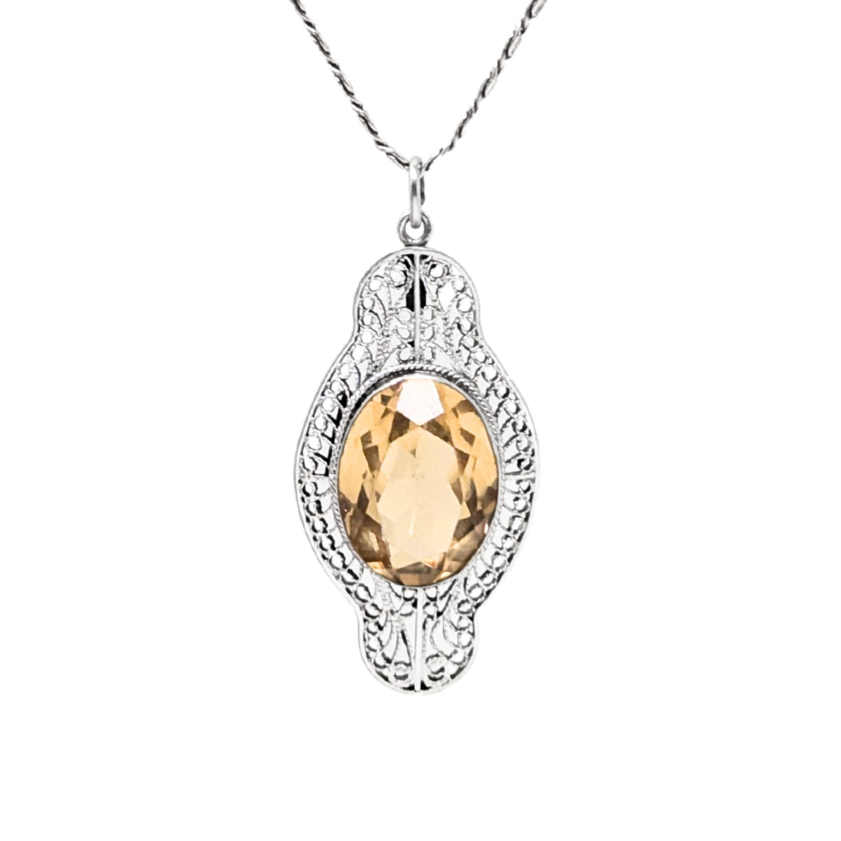 Antique Sterling Faux Citrine Filigree Necklace