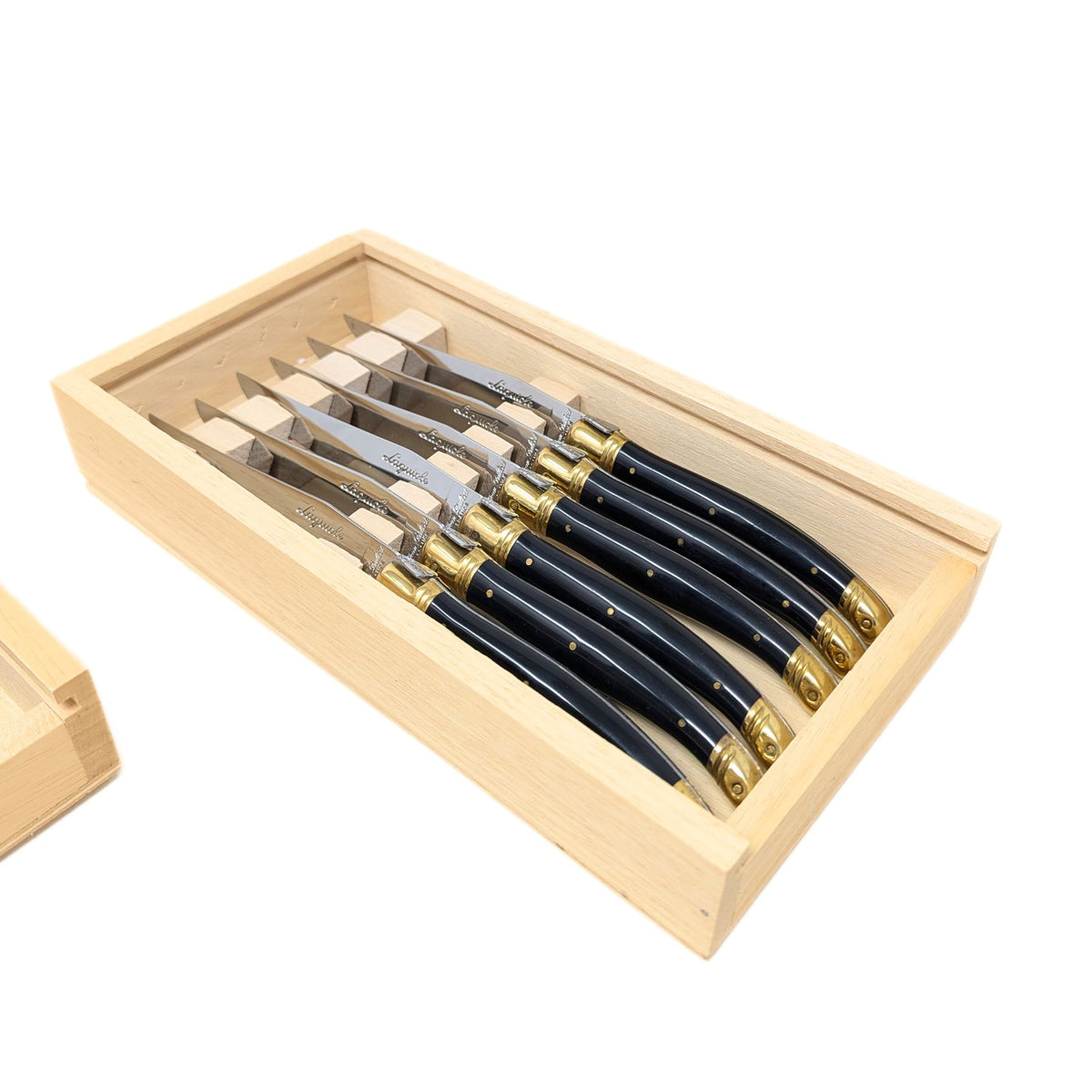 Set of 12 Laguiole France Black/Gold Bee Steak Knives & Wooden Boxes