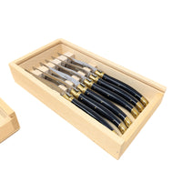 Set of 12 Laguiole France Black/Gold Bee Steak Knives & Wooden Boxes