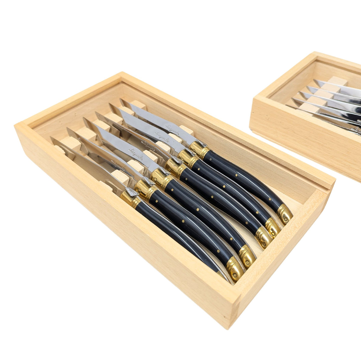 Set of 12 Laguiole France Black/Gold Bee Steak Knives & Wooden Boxes