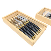 Set of 12 Laguiole France Black/Gold Bee Steak Knives & Wooden Boxes