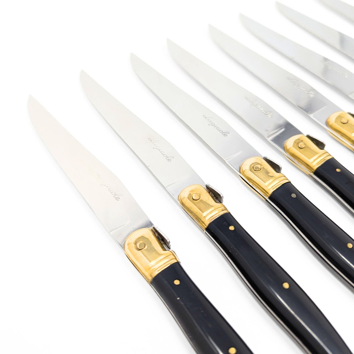 Set of 12 Laguiole France Black/Gold Bee Steak Knives & Wooden Boxes
