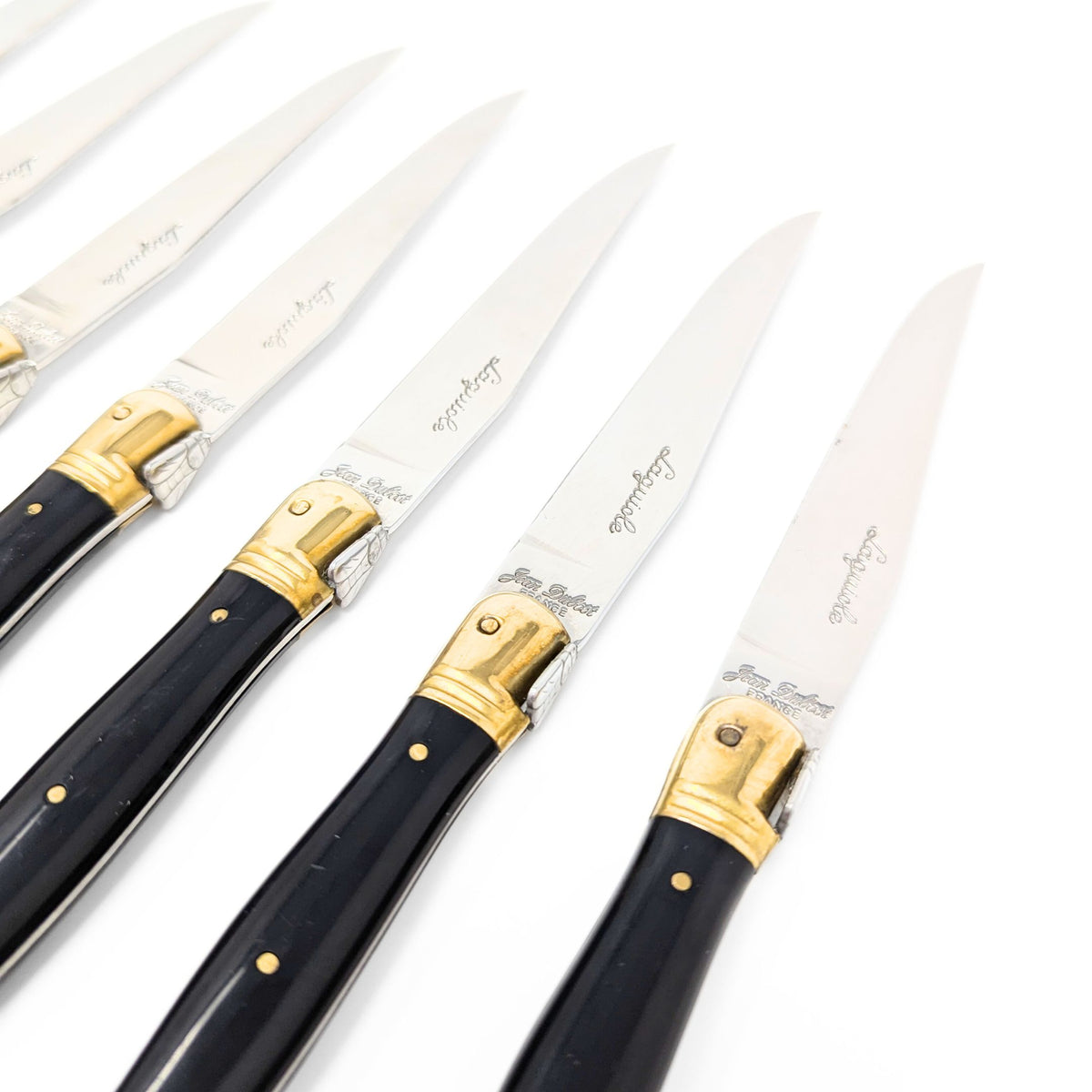 Set of 12 Laguiole France Black/Gold Bee Steak Knives & Wooden Boxes