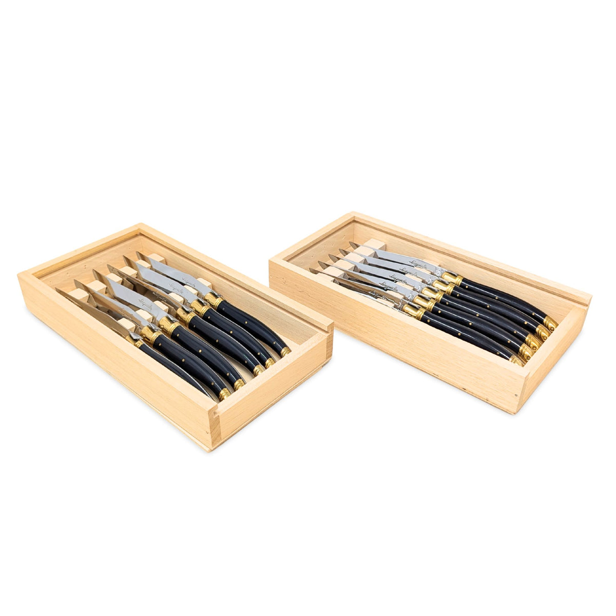 Set of 12 Laguiole France Black/Gold Bee Steak Knives & Wooden Boxes