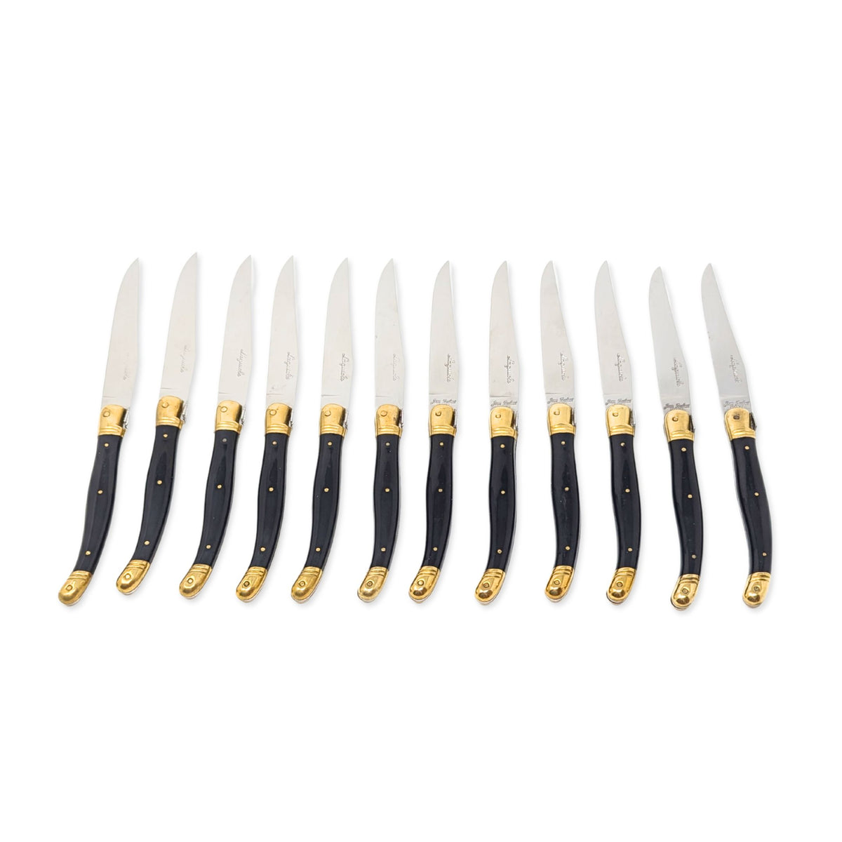 Set of 12 Laguiole France Black/Gold Bee Steak Knives & Wooden Boxes