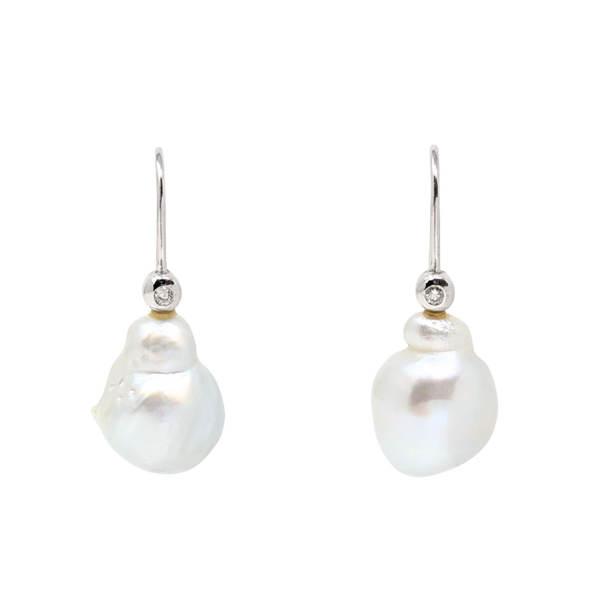 18K White Gold, Baroque Pearl, & Diamond Drop Earrings