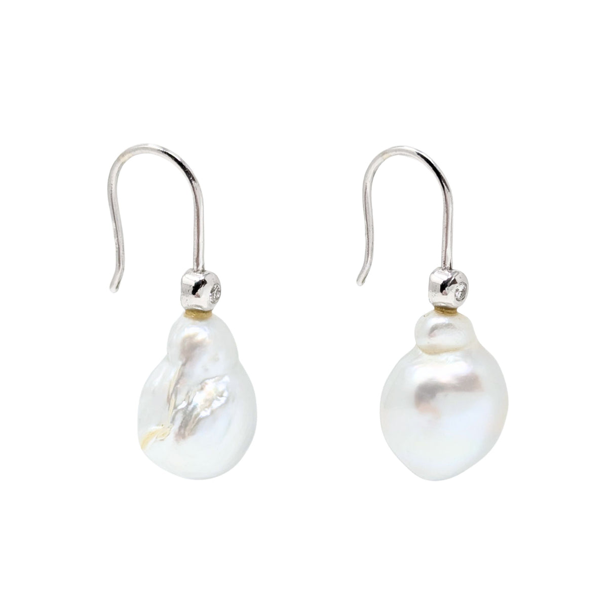18K White Gold, Baroque Pearl, & Diamond Drop Earrings