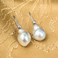 18K White Gold, Baroque Pearl, & Diamond Drop Earrings
