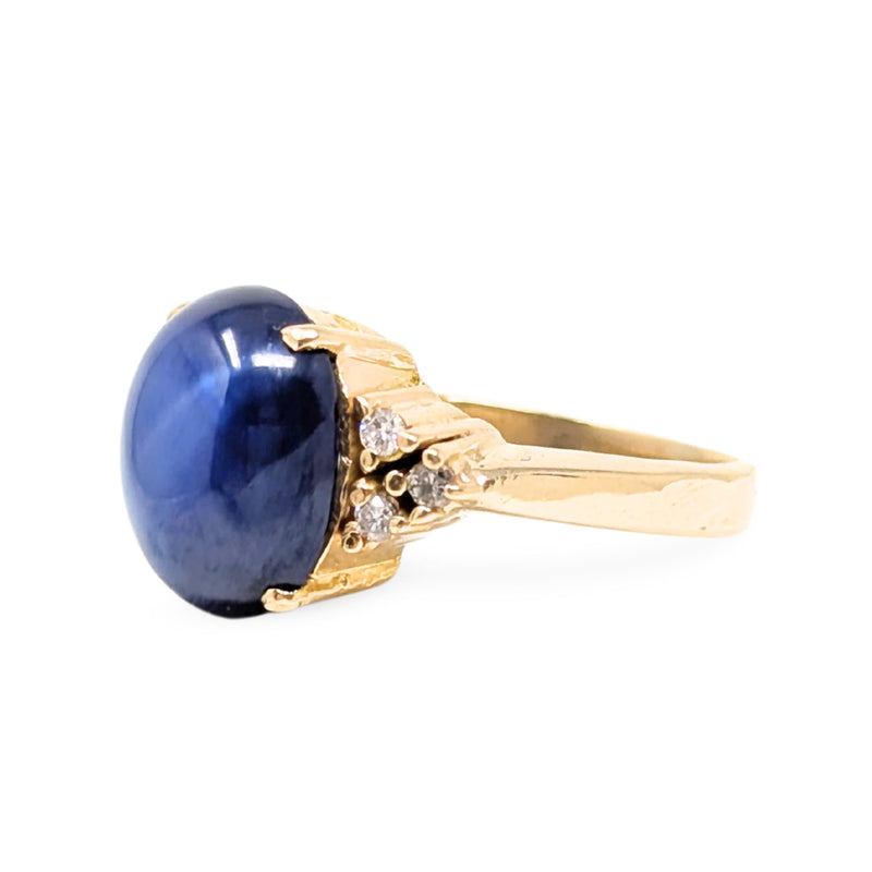 18K Gold Custom Blue Star Sapphire & Diamond Ring - Size 7
