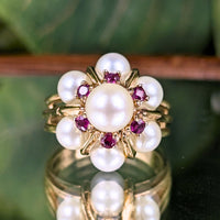 Vintage Israel Yellow Gold, Pearl, & Red Spinel Cluster Cocktail Ring - Size 5 (5.7g)