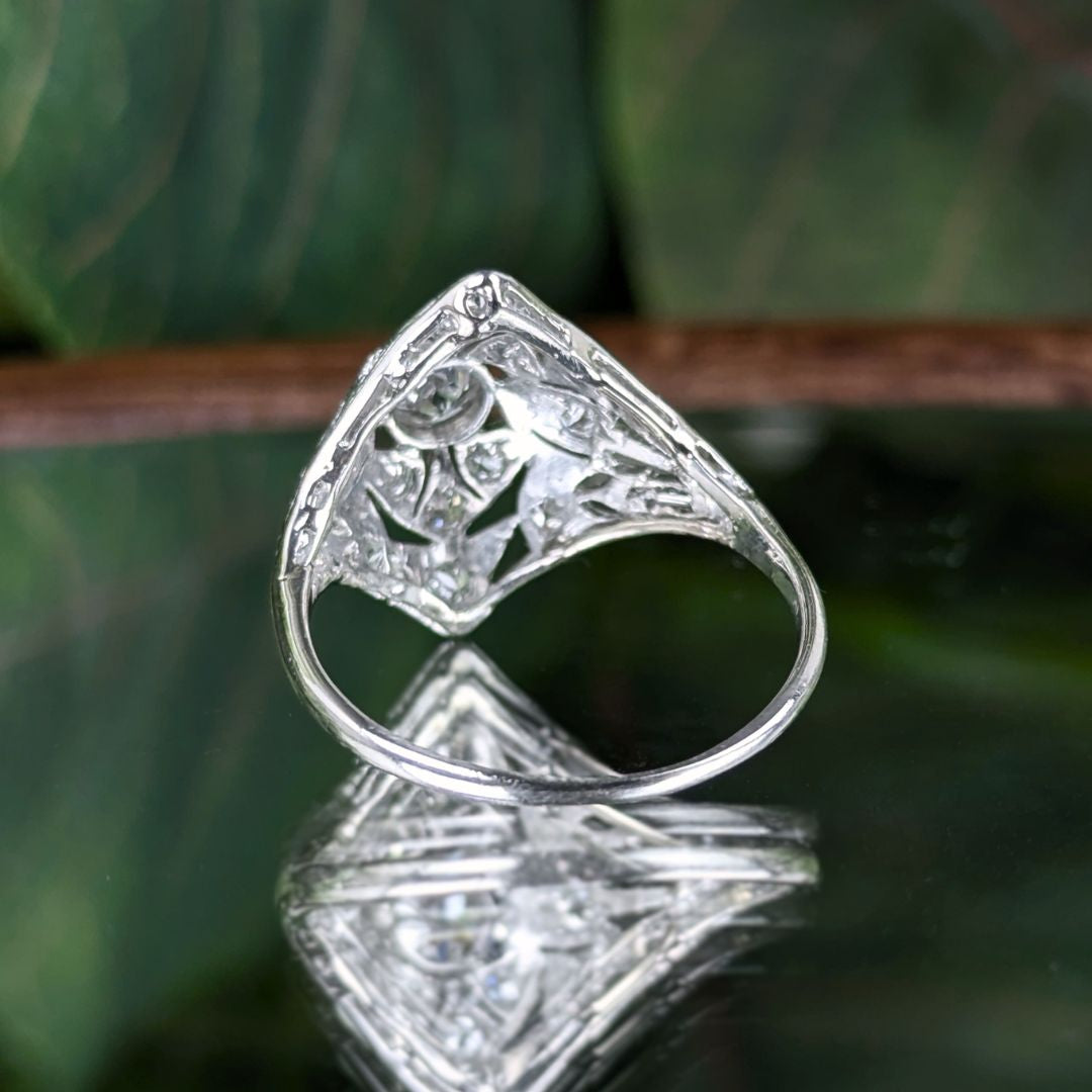 Antique Platinum & Diamond Filigree Ring - Size 7 W/ Papers