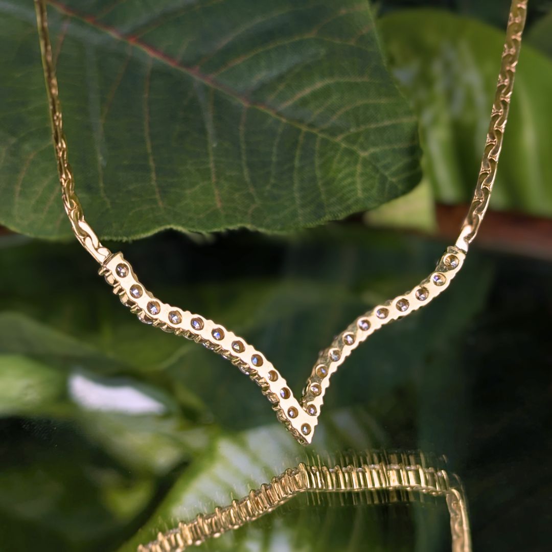 Vintage 18K Gold Herringbone Chevron Diamond Necklace 1.84tcw, 16"