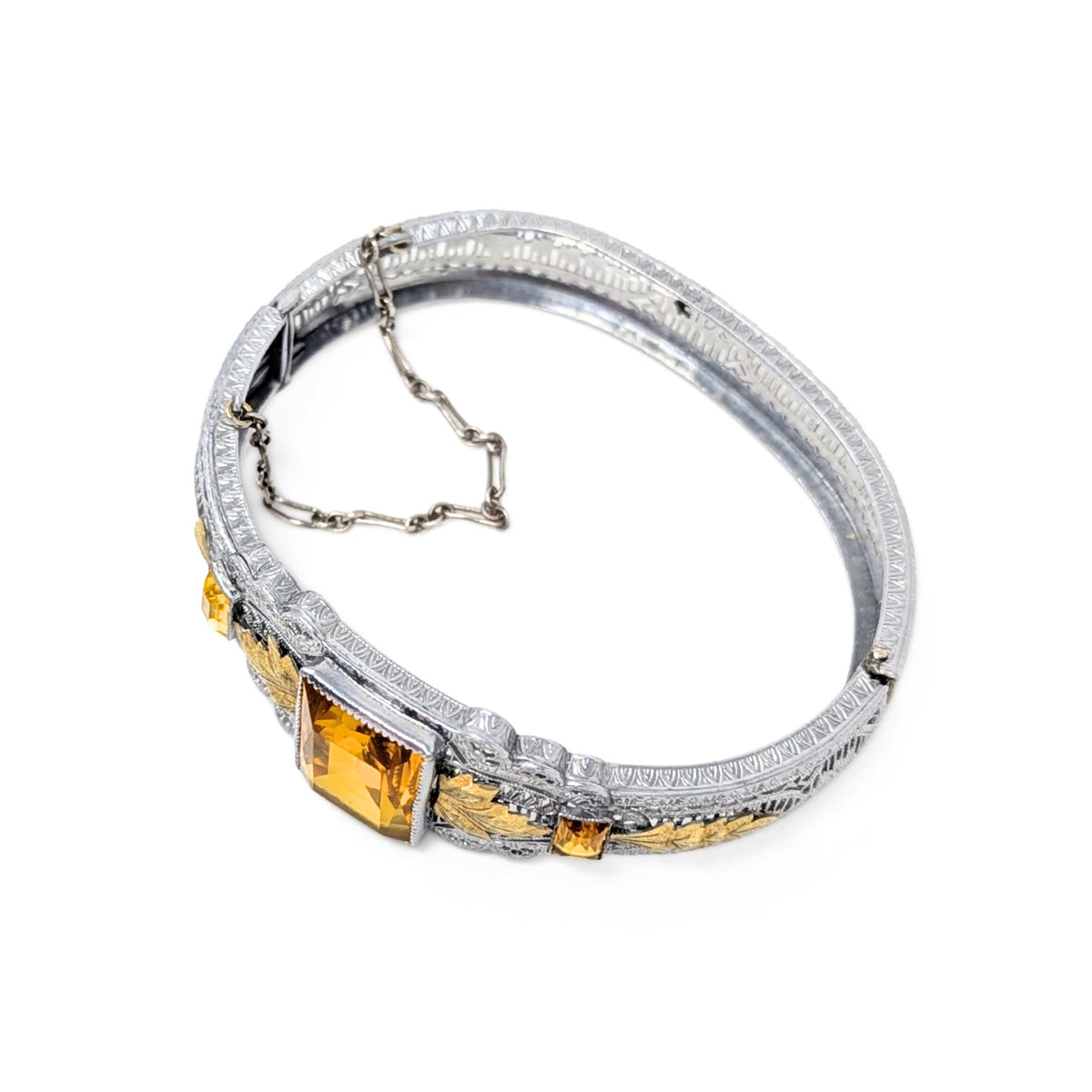 Antique 1920s Art Deco German Silver Filigree Amber Glass Bangle Bracelet