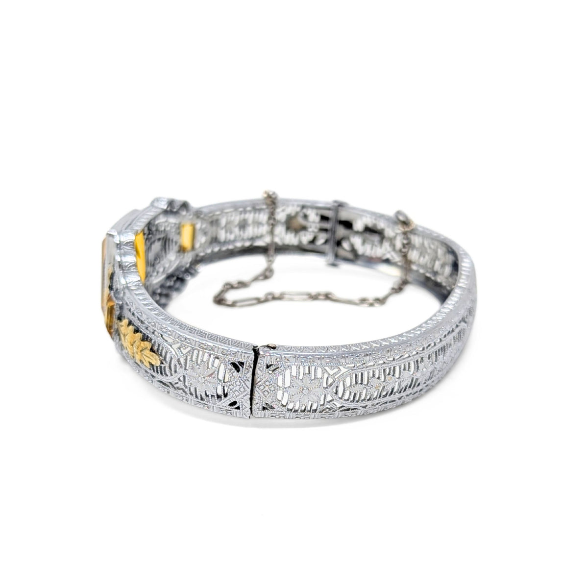 Antique 1920s Art Deco German Silver Filigree Amber Glass Bangle Bracelet