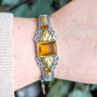 Antique 1920s Art Deco German Silver Filigree Amber Glass Bangle Bracelet