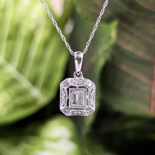 14K/10K WG 0.17TCW Diamond Art Deco Style Illusion Pendant Necklace 18.75"