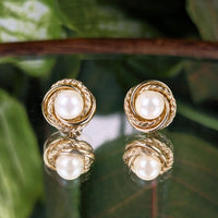 Vintage 14K Yellow Gold Love Knot Cultured Pearl 11.7mm Stud Earrings, 2.7g