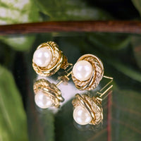 Vintage 14K Yellow Gold Love Knot Cultured Pearl 11.7mm Stud Earrings, 2.7g