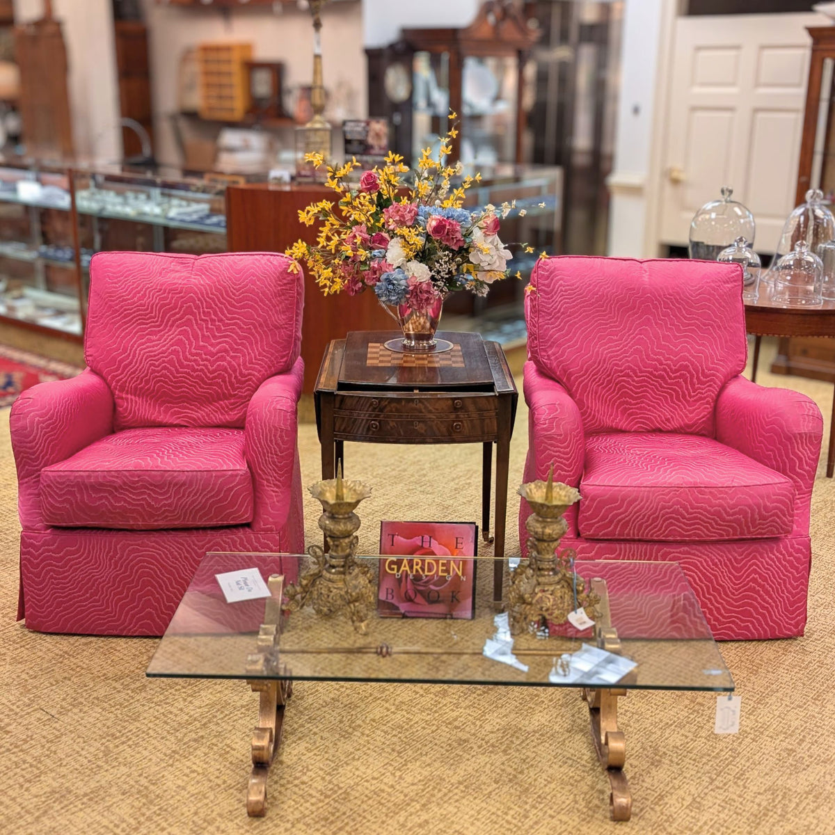 Pair of Wesley Hall Custom Swivel Glider Club Chairs - Designer Pink Fabric (With Covers)