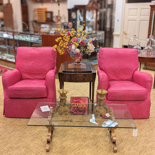 Pair of Wesley Hall Custom Swivel Glider Club Chairs - Designer Pink Fabric (With Covers)