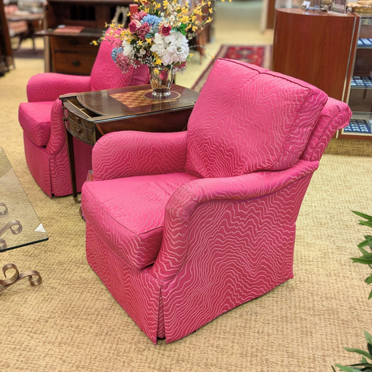 Pair of Wesley Hall Custom Swivel Glider Club Chairs - Designer Pink Fabric (With Covers)