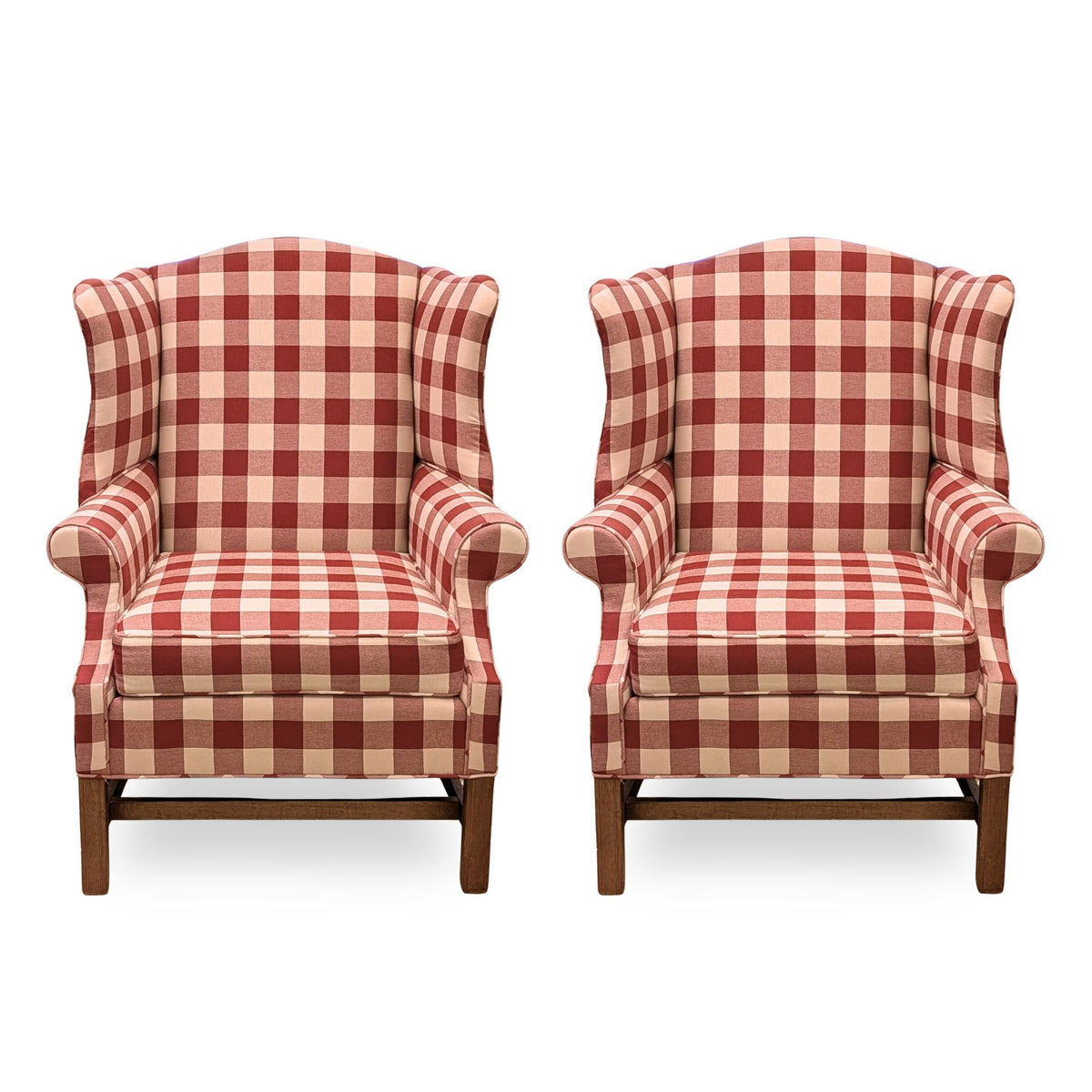 Pair of Johnston Benchworks Red Buffalo Check Wingback Chairs - Mint Condition