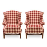 Pair of Johnston Benchworks Red Buffalo Check Wingback Chairs - Mint Condition