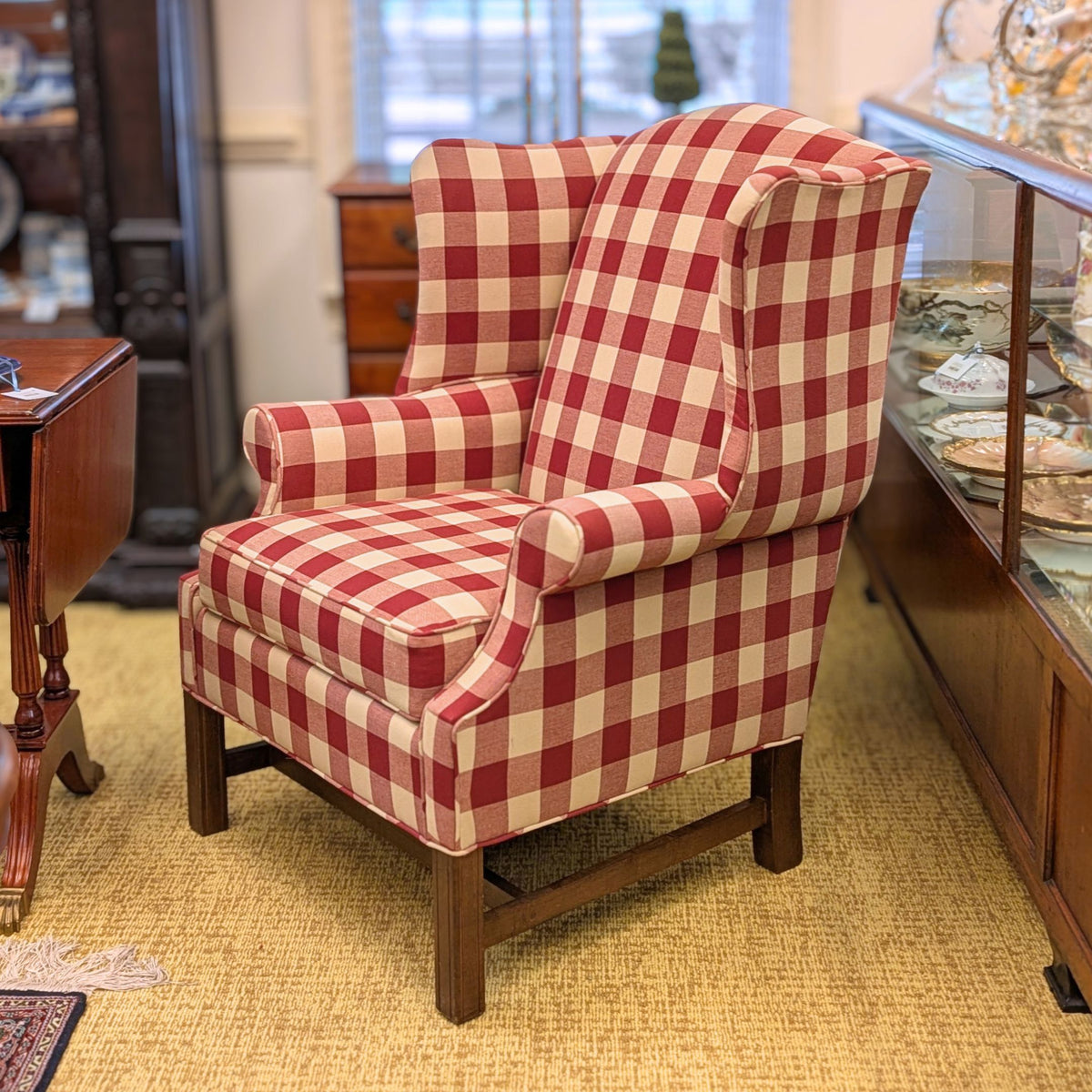 Pair of Johnston Benchworks Red Buffalo Check Wingback Chairs - Mint Condition