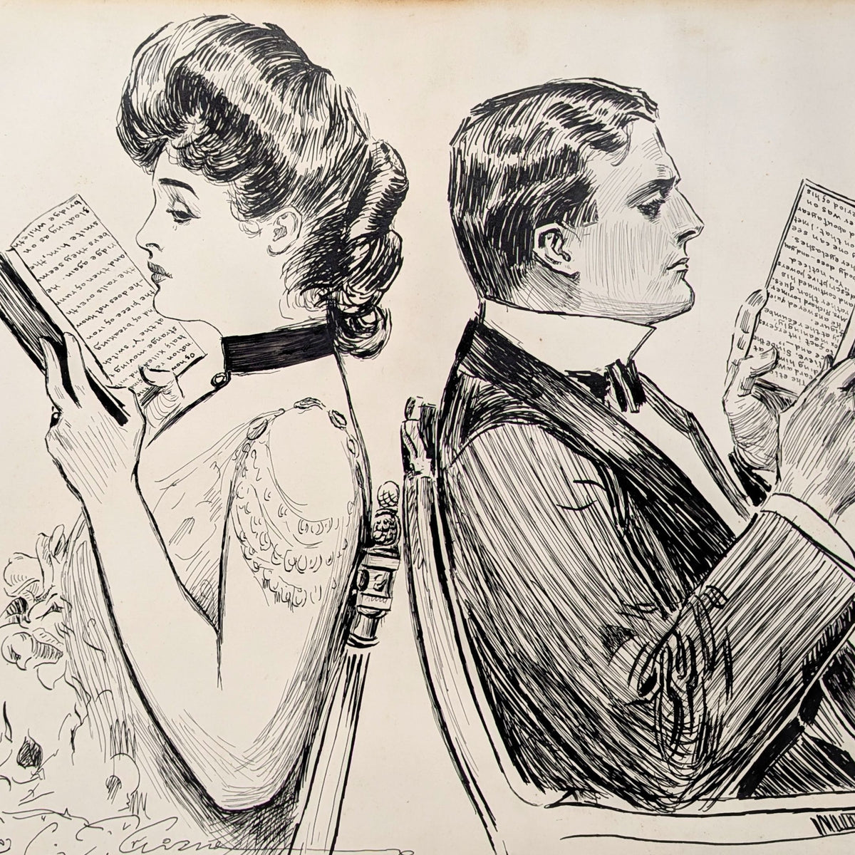 1902 Pen & Ink Drawing on Bristol Board "Their First Quarrel" After C.D. Gibson