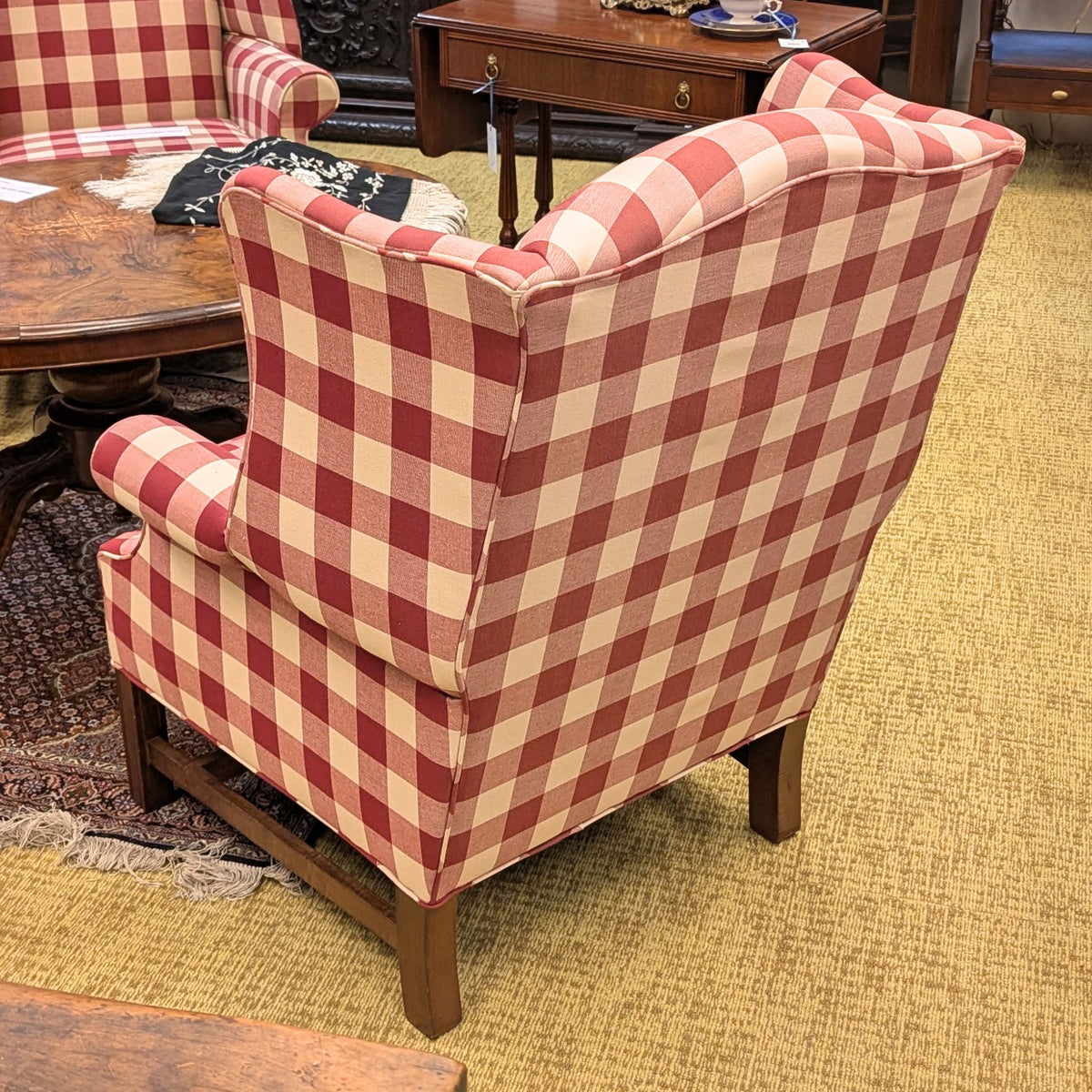 Pair of Johnston Benchworks Red Buffalo Check Wingback Chairs