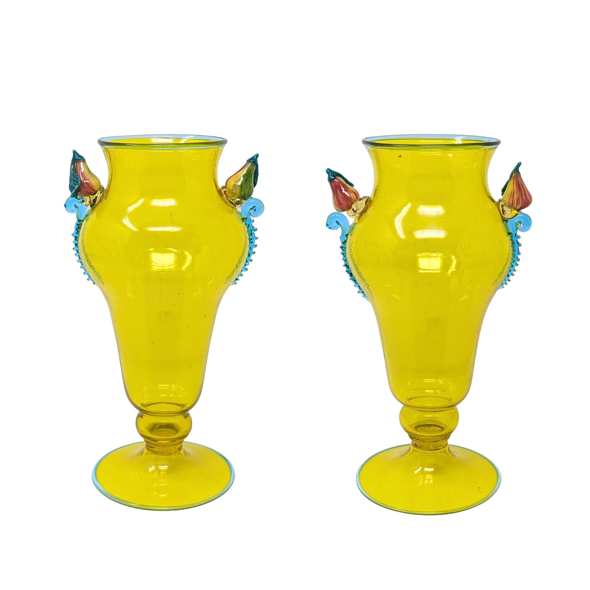 Vintage Yellow Murano Glass 9" Footed Fruit Motif Vases, Rigaree Handles