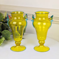 Vintage Yellow Murano Glass 9" Footed Fruit Motif Vases, Rigaree Handles