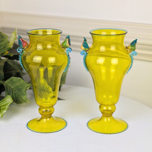 Vintage Yellow Murano Glass 9" Footed Fruit Motif Vases, Rigaree Handles