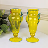 Vintage Yellow Murano Glass 9" Footed Fruit Motif Vases, Rigaree Handles
