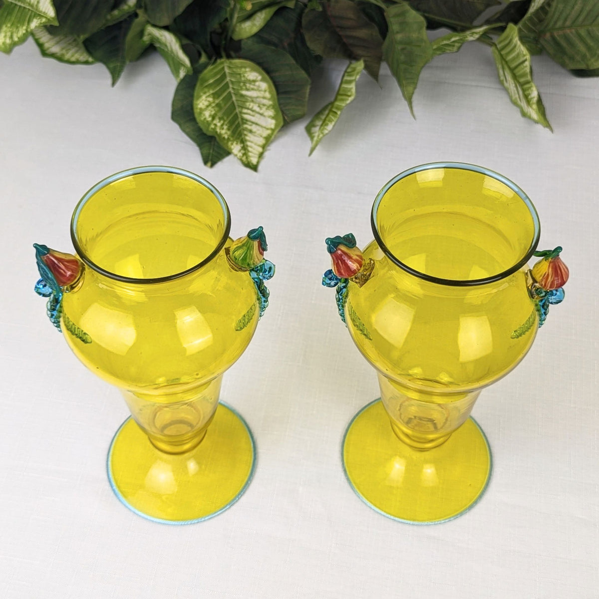 Vintage Yellow Murano Glass 9" Footed Fruit Motif Vases, Rigaree Handles
