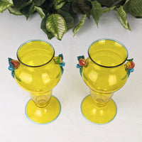 Vintage Yellow Murano Glass 9" Footed Fruit Motif Vases, Rigaree Handles