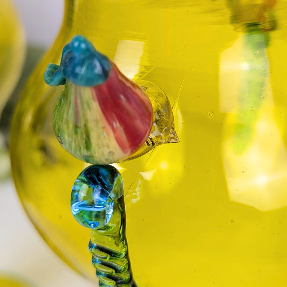 Vintage Yellow Murano Glass 9" Footed Fruit Motif Vases, Rigaree Handles