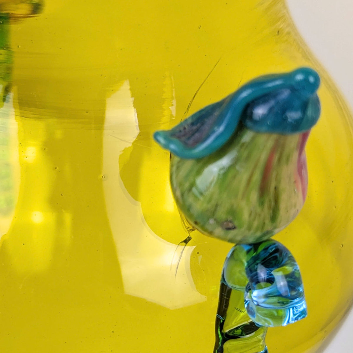 Vintage Yellow Murano Glass 9" Footed Fruit Motif Vases, Rigaree Handles