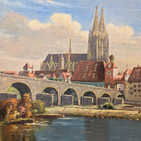Fritz Berger 1963 Vintage Framed Oil Painting of Regensburg Germany (27"x 33")