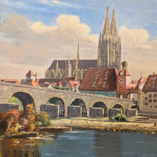 Fritz Berger 1963 Vintage Framed Oil Painting of Regensburg Germany (27"x 33")