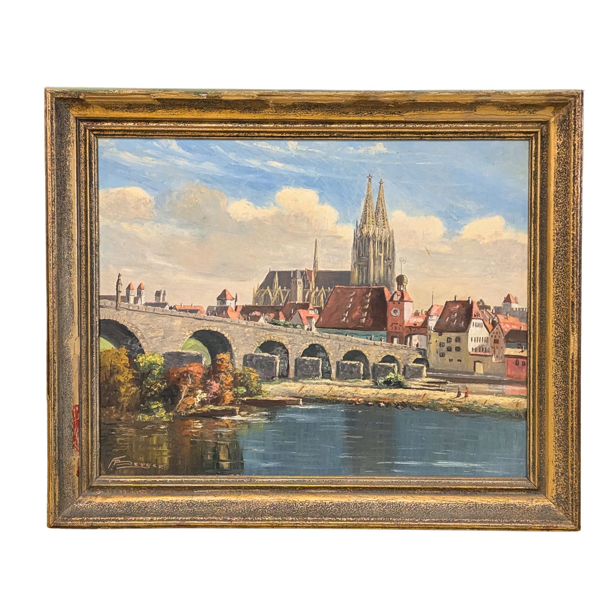 Fritz Berger 1963 Vintage Framed Oil Painting of Regensburg Germany (27"x 33")