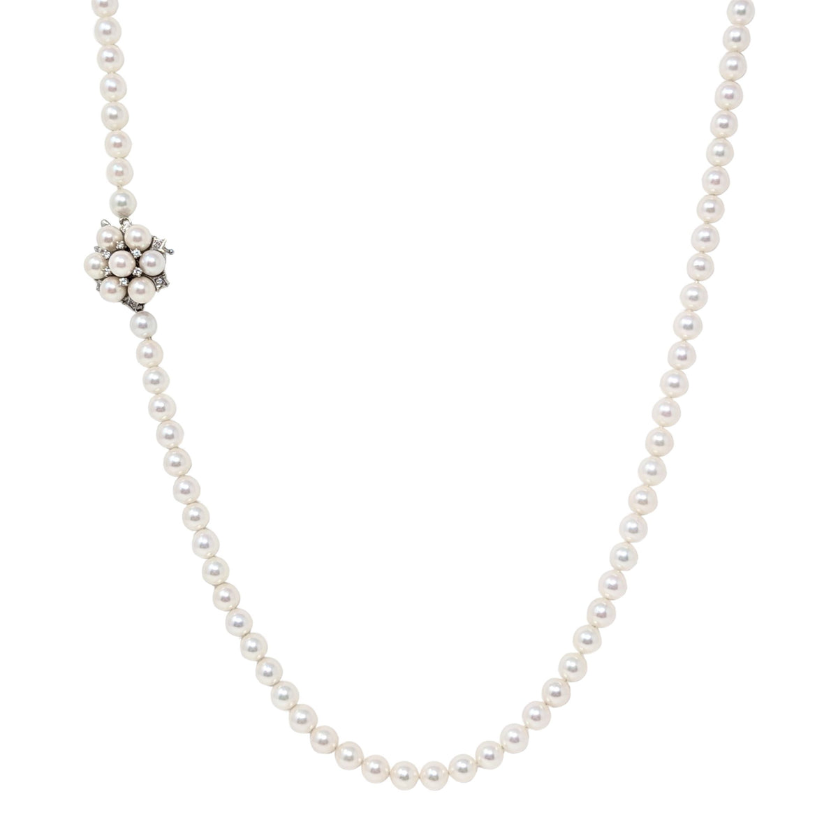 Vintage 30" Cultured Pearl Necklace, 14K/13K White Gold Diamond Cluster Clasp