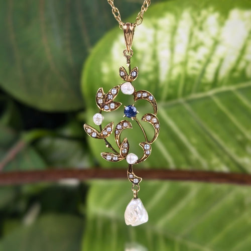 Antique Edwardian 14K/13K Gold, Blue Topaz & Pearl Lavalier Necklace, 17"