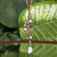 Antique Edwardian 14K/13K Gold, Blue Topaz & Pearl Lavalier Necklace, 17"