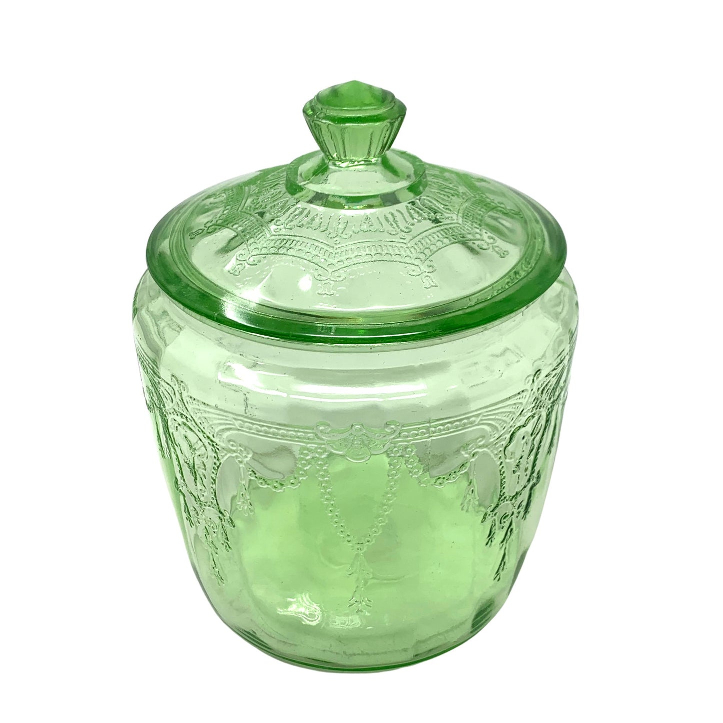 Anchor Hocking Green Uranium Glass Cameo Ballerina Cookie Jar
