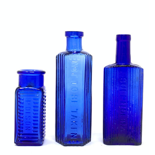Set of 3 Vintage Cobalt Glass Poison Bottles