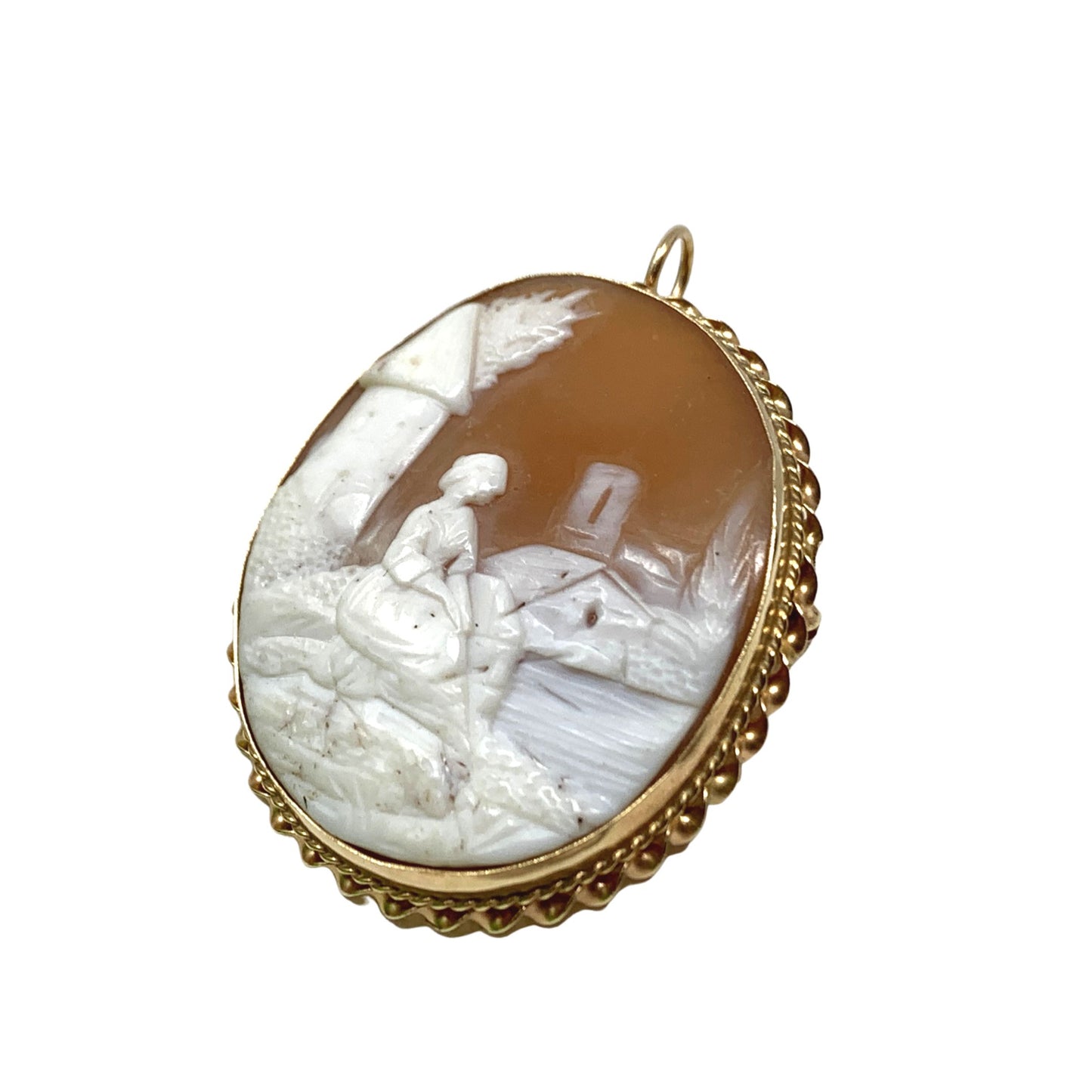 Antique 14K Gold Genuine Shell Cameo Countryside Brooch/Pendant
